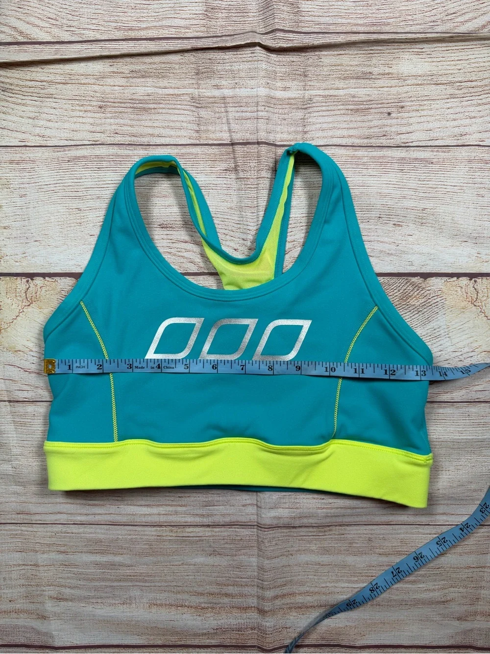Lorna Jane Teal & Neon Lime Racerback Sports Bra - workout, running, lifting